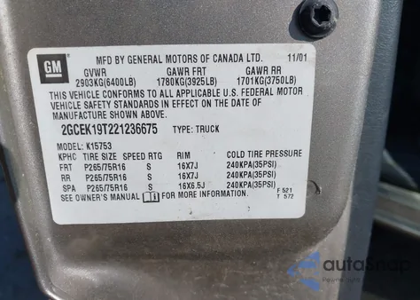 2002 Chevrolet Silverado 1500 Ls from USA, damaged, VIN 2GCEK19T221236675